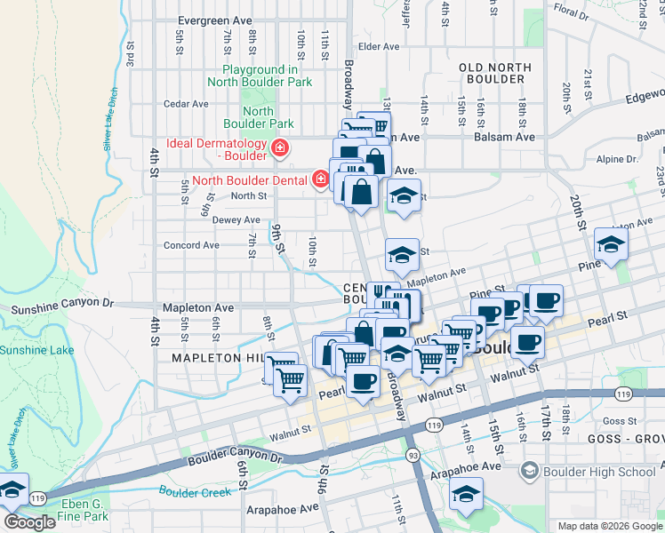 map of restaurants, bars, coffee shops, grocery stores, and more near 1111 Maxwell Avenue in Boulder