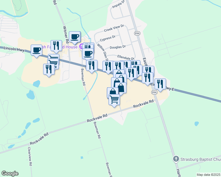 map of restaurants, bars, coffee shops, grocery stores, and more near 24 South Willowdale Drive in Lancaster