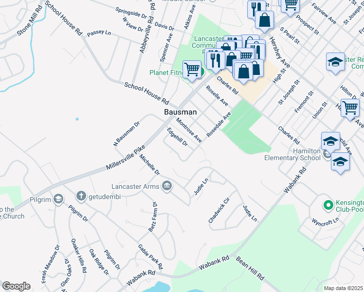 map of restaurants, bars, coffee shops, grocery stores, and more near 40 Edgehill Drive in Lancaster