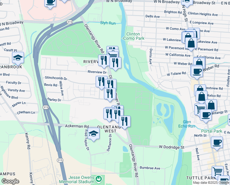 map of restaurants, bars, coffee shops, grocery stores, and more near 2995 Olentangy River Road in Columbus