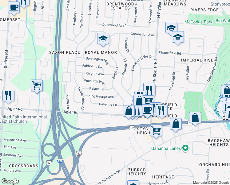 map of restaurants, bars, coffee shops, grocery stores, and more near 522 King George Avenue in Columbus