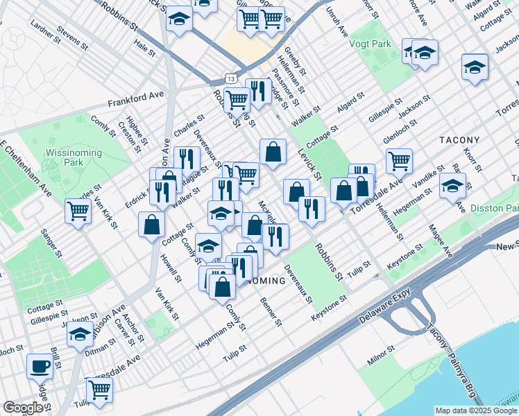 map of restaurants, bars, coffee shops, grocery stores, and more near 4430 McKinley Street in Philadelphia