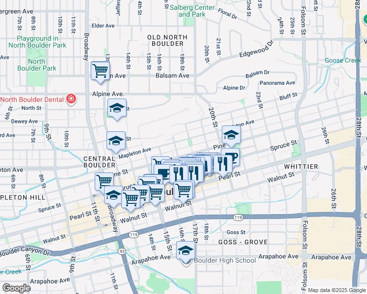 map of restaurants, bars, coffee shops, grocery stores, and more near 1726 Mapleton Avenue in Boulder