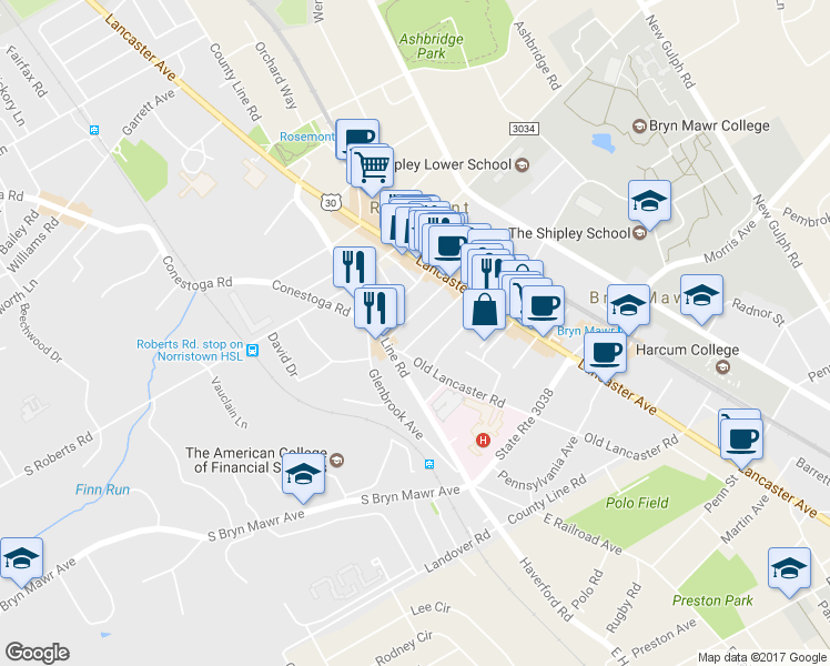 map of restaurants, bars, coffee shops, grocery stores, and more near 56 Prospect Avenue in Bryn Mawr