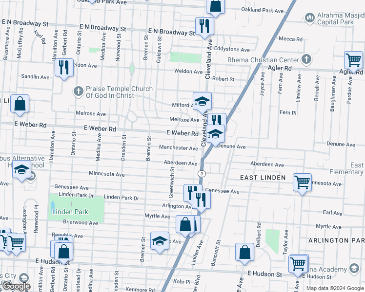 map of restaurants, bars, coffee shops, grocery stores, and more near 1672 Manchester Avenue in Columbus