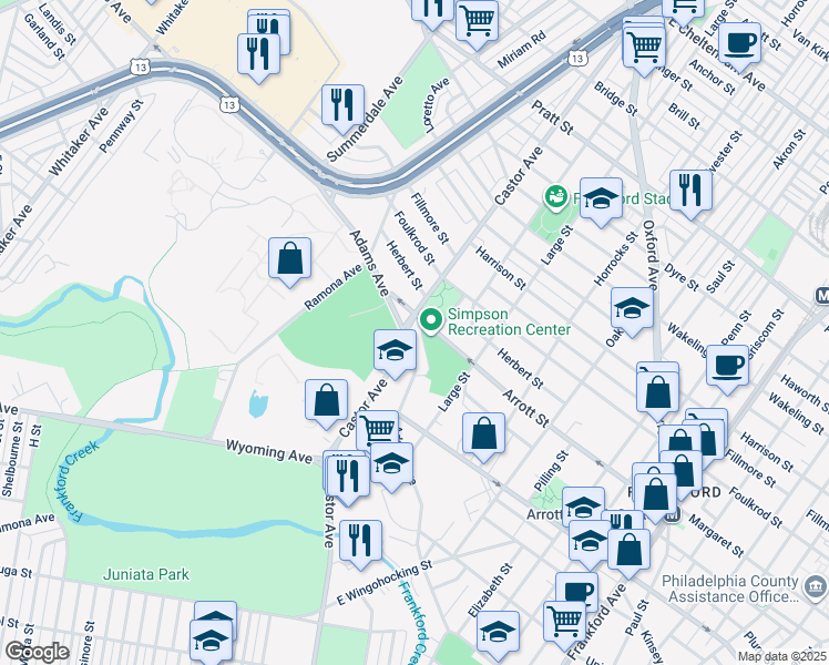 map of restaurants, bars, coffee shops, grocery stores, and more near 4695 Castor Avenue in Philadelphia