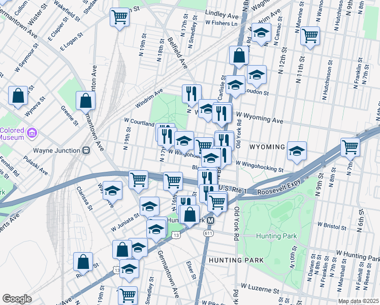 map of restaurants, bars, coffee shops, grocery stores, and more near 1525 West Wingohocking Street in Philadelphia