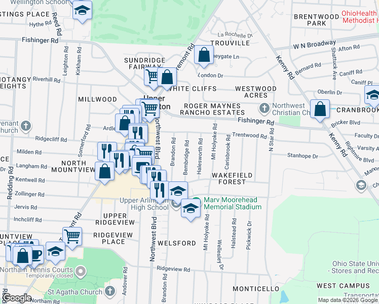 map of restaurants, bars, coffee shops, grocery stores, and more near 3129 Bembridge Road in Upper Arlington