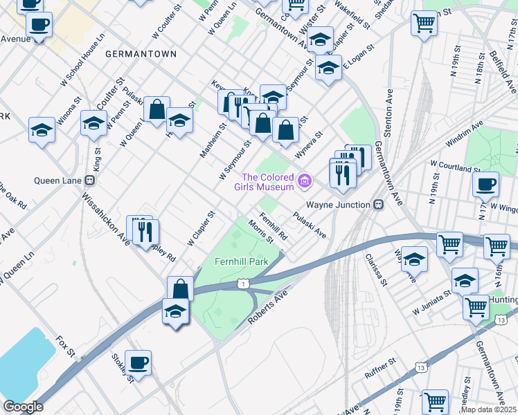 map of restaurants, bars, coffee shops, grocery stores, and more near 4657 Fernhill Road in Philadelphia