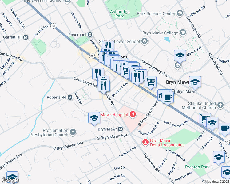map of restaurants, bars, coffee shops, grocery stores, and more near 56 Prospect Avenue in Bryn Mawr