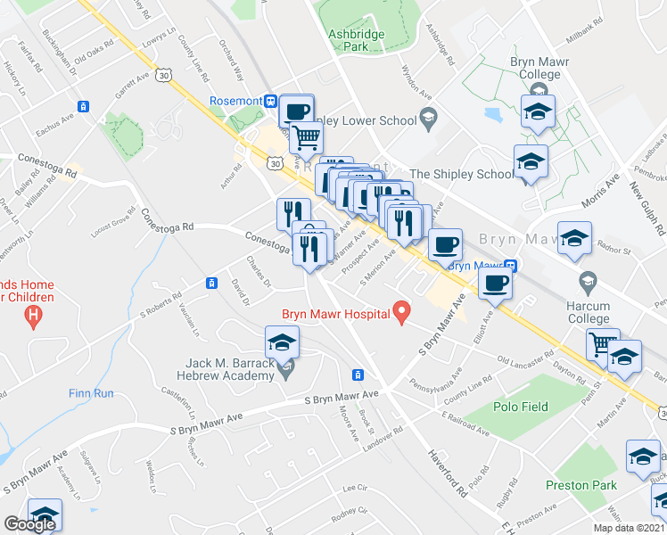 map of restaurants, bars, coffee shops, grocery stores, and more near 63 South Warner Avenue in Bryn Mawr