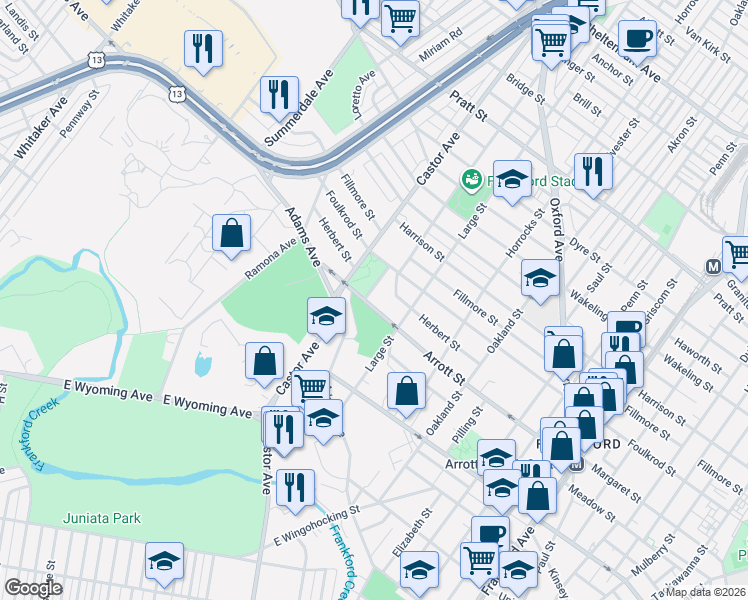 map of restaurants, bars, coffee shops, grocery stores, and more near 1010 Arrott Street in Philadelphia