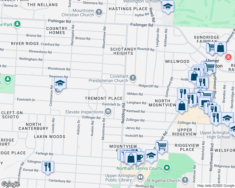map of restaurants, bars, coffee shops, grocery stores, and more near 3219 Redding Road in Columbus
