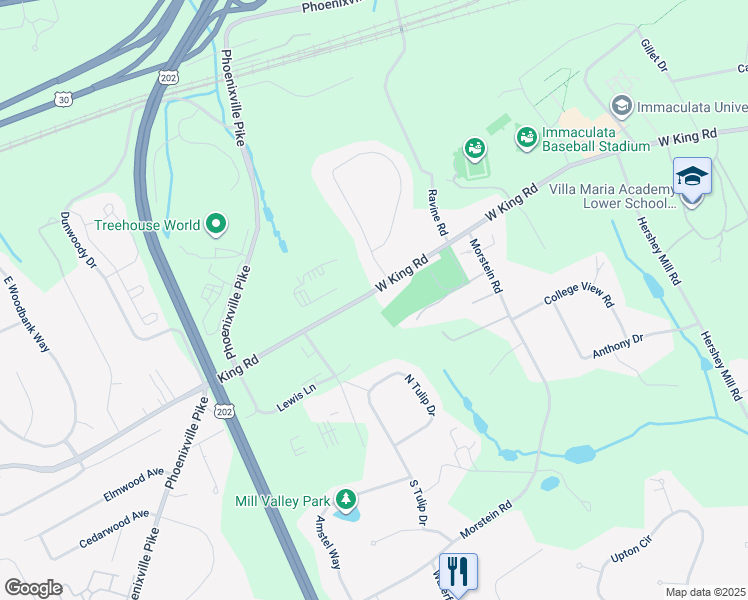 map of restaurants, bars, coffee shops, grocery stores, and more near 1322 West King Road in Malvern