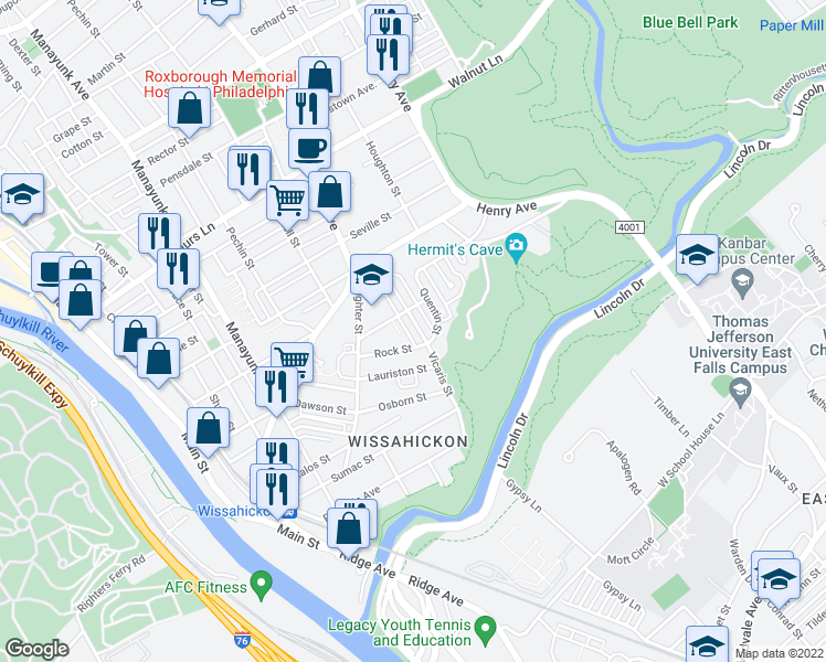 map of restaurants, bars, coffee shops, grocery stores, and more near 5414 Vicaris Street in Philadelphia