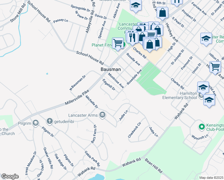map of restaurants, bars, coffee shops, grocery stores, and more near 40 Edgehill Drive in Lancaster