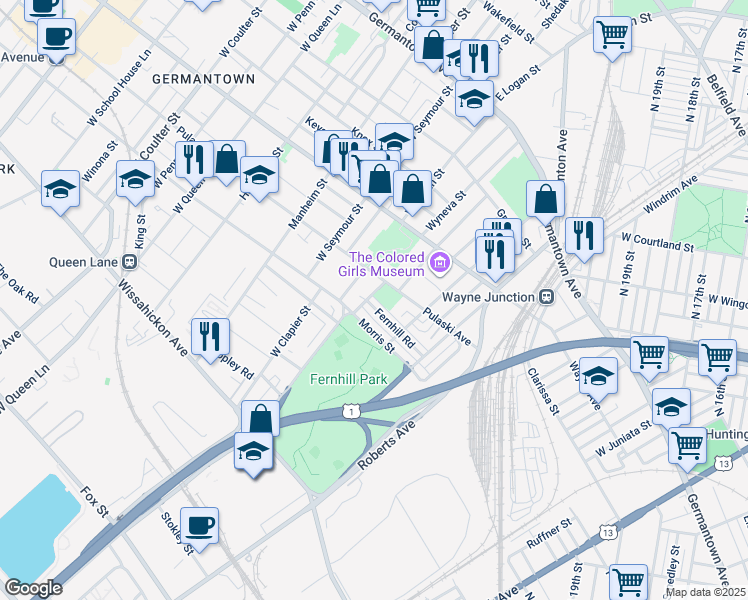map of restaurants, bars, coffee shops, grocery stores, and more near 4657 Fernhill Road in Philadelphia