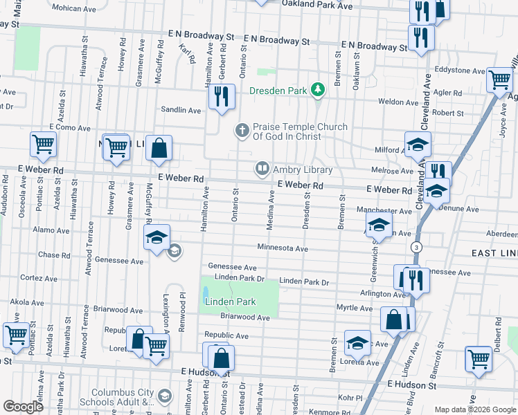 map of restaurants, bars, coffee shops, grocery stores, and more near 1400 Aberdeen Avenue in Columbus