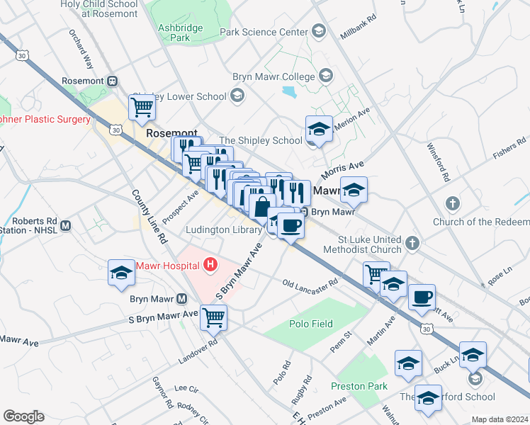 map of restaurants, bars, coffee shops, grocery stores, and more near 17 Morton Road in Bryn Mawr