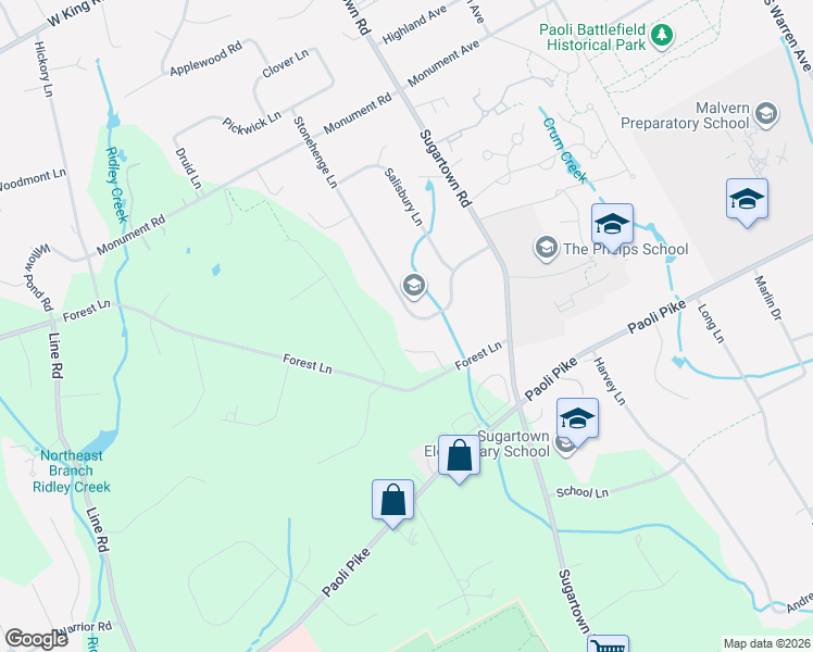 map of restaurants, bars, coffee shops, grocery stores, and more near 812 Forest Lane in Malvern