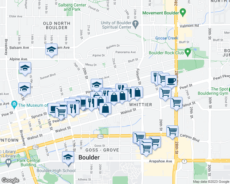 map of restaurants, bars, coffee shops, grocery stores, and more near 2220 Spruce Street in Boulder