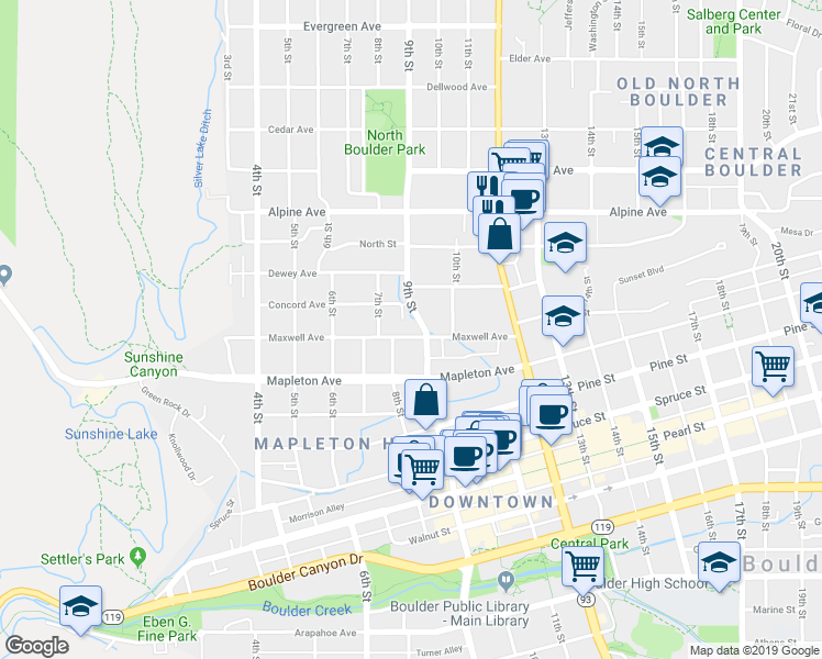 map of restaurants, bars, coffee shops, grocery stores, and more near 840 Maxwell Avenue in Boulder