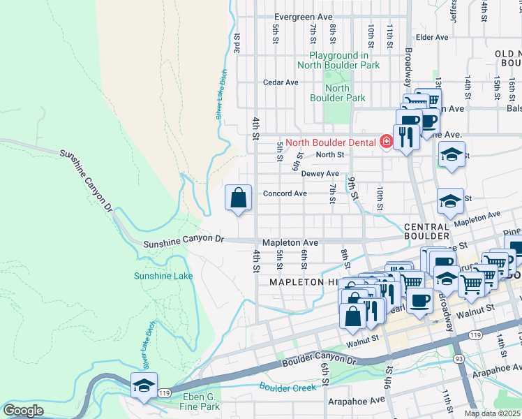 map of restaurants, bars, coffee shops, grocery stores, and more near 424 Maxwell Avenue in Boulder
