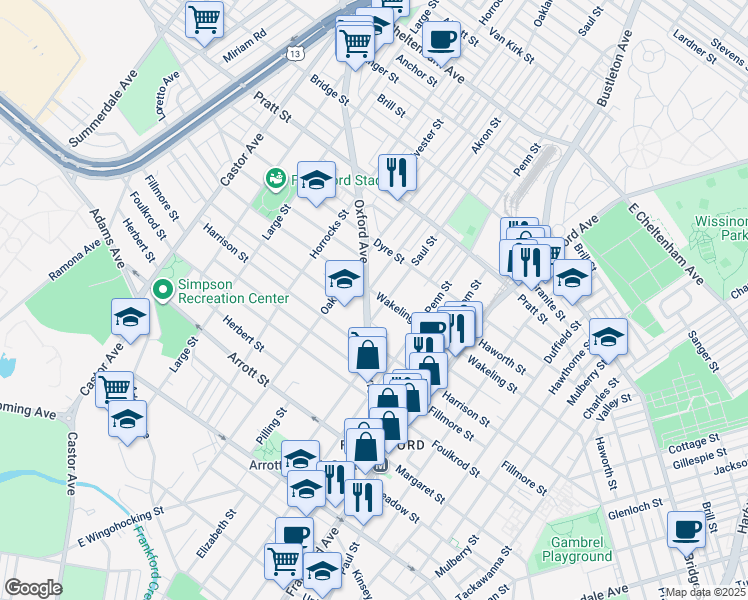 map of restaurants, bars, coffee shops, grocery stores, and more near 4924 Saul Street in Philadelphia