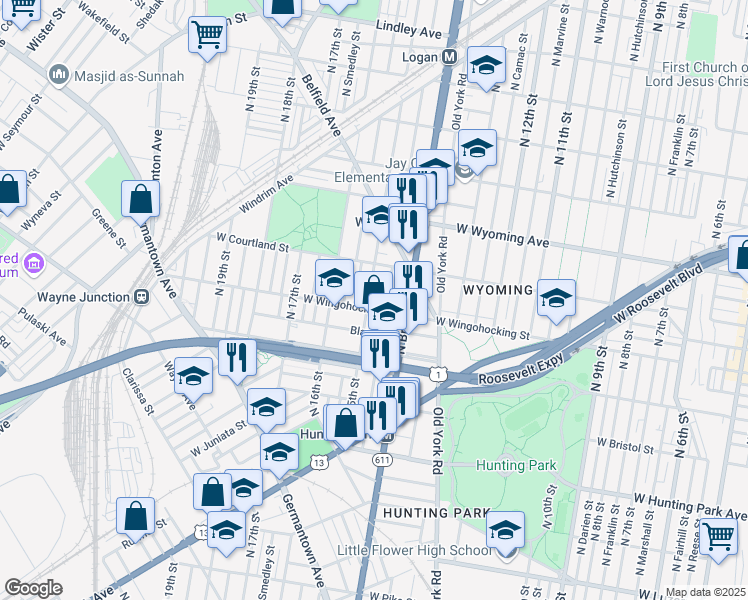 map of restaurants, bars, coffee shops, grocery stores, and more near 4501 North 15th Street in Philadelphia