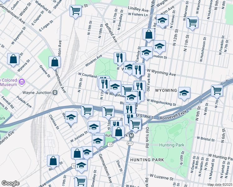 map of restaurants, bars, coffee shops, grocery stores, and more near 1531 West Wingohocking Street in Philadelphia