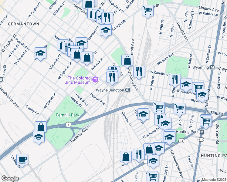 map of restaurants, bars, coffee shops, grocery stores, and more near 220 West Roberts Avenue in Philadelphia