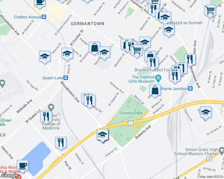 map of restaurants, bars, coffee shops, grocery stores, and more near 5001 Erringer Place in Philadelphia