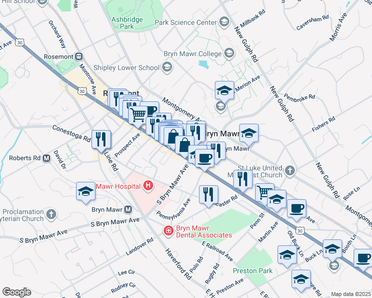 map of restaurants, bars, coffee shops, grocery stores, and more near 24 North Bryn Mawr Avenue in Bryn Mawr