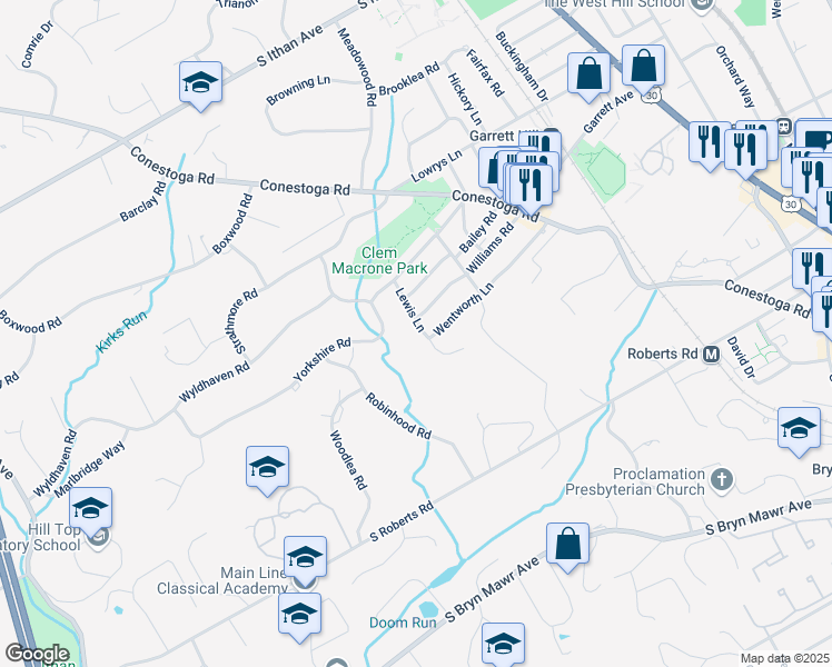map of restaurants, bars, coffee shops, grocery stores, and more near 908 Lewis Lane in Bryn Mawr