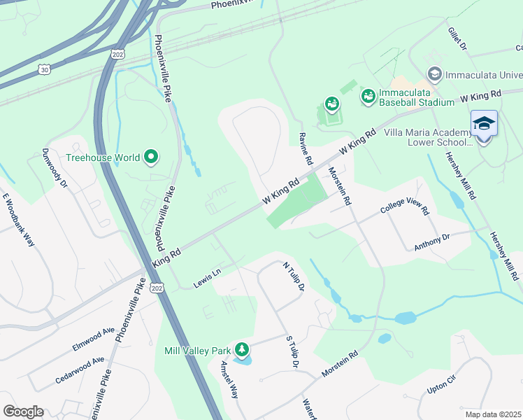 map of restaurants, bars, coffee shops, grocery stores, and more near 1322 West King Road in Malvern