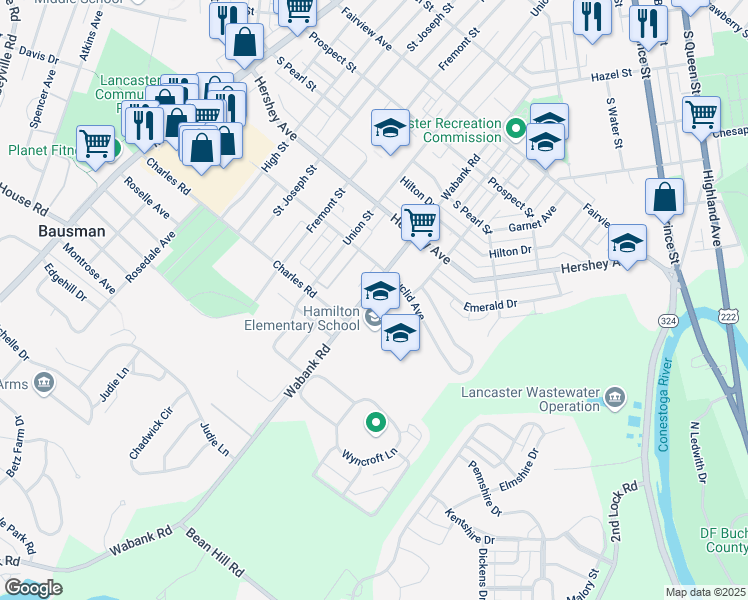 map of restaurants, bars, coffee shops, grocery stores, and more near 1257 Wabank Street in Lancaster