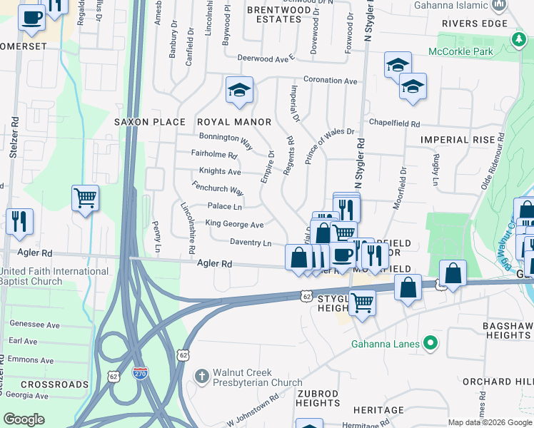 map of restaurants, bars, coffee shops, grocery stores, and more near 522 King George Avenue in Columbus