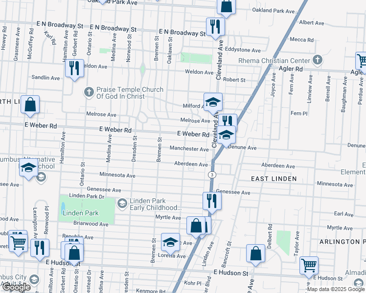 map of restaurants, bars, coffee shops, grocery stores, and more near 1619 Manchester Avenue in Columbus