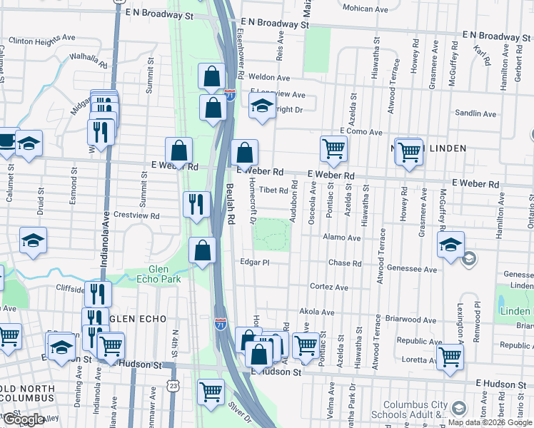 map of restaurants, bars, coffee shops, grocery stores, and more near 2770 Audubon Road in Columbus