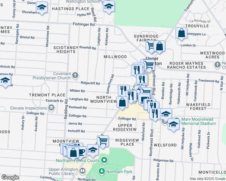 map of restaurants, bars, coffee shops, grocery stores, and more near 1847 Milden Road in Columbus