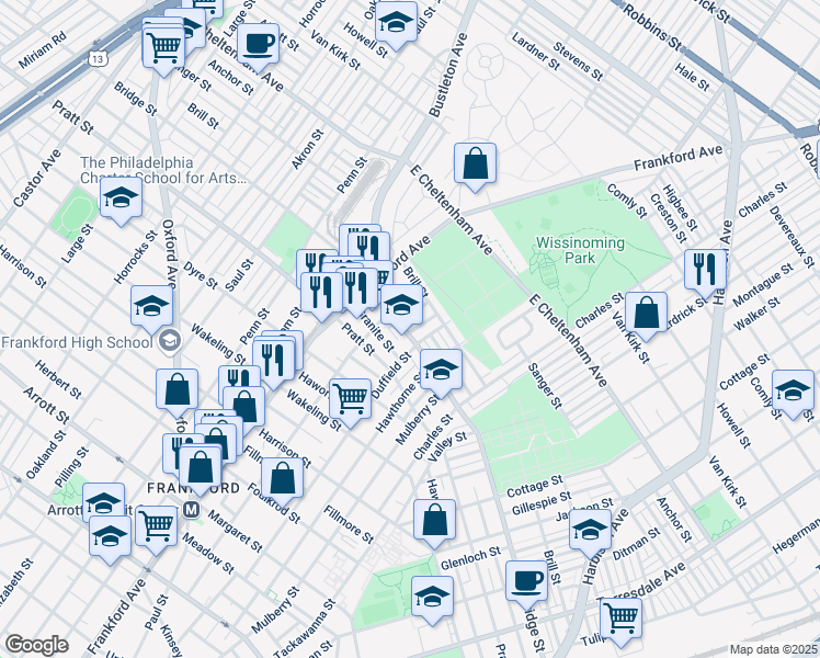 map of restaurants, bars, coffee shops, grocery stores, and more near 1657 Bridge Street in Philadelphia