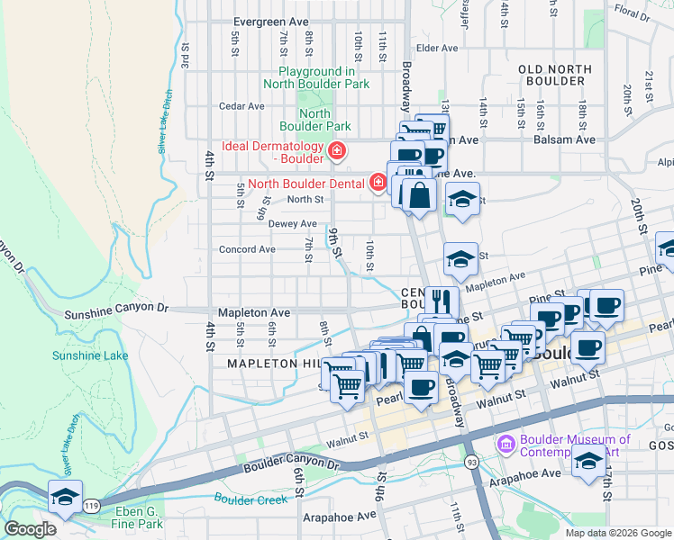 map of restaurants, bars, coffee shops, grocery stores, and more near 827 Maxwell Avenue in Boulder