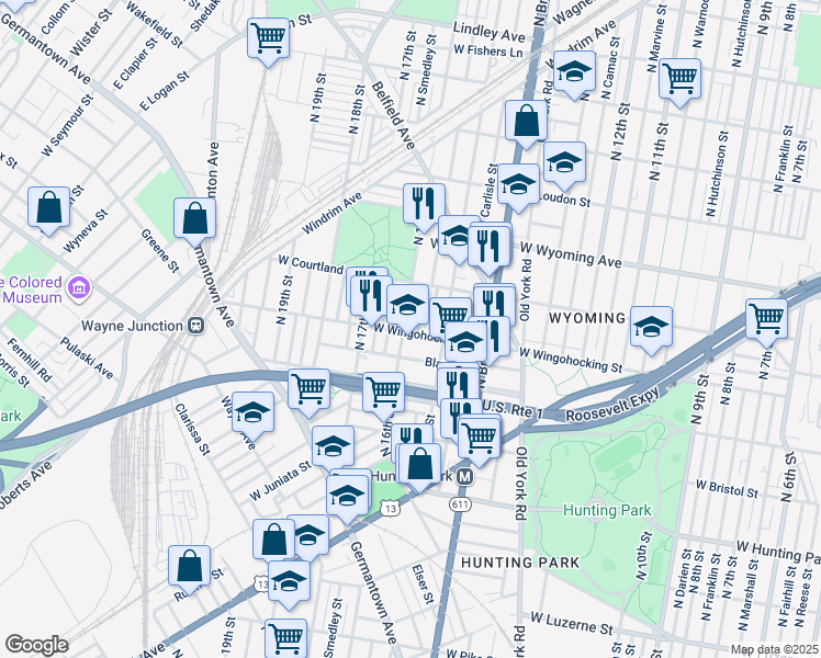 map of restaurants, bars, coffee shops, grocery stores, and more near 1535 West Wingohocking Street in Philadelphia