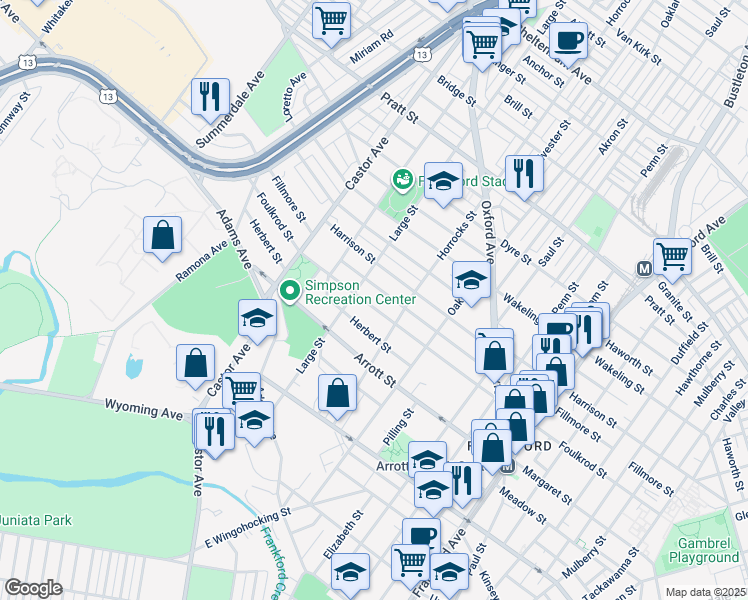 map of restaurants, bars, coffee shops, grocery stores, and more near 1117 Foulkrod Street in Philadelphia