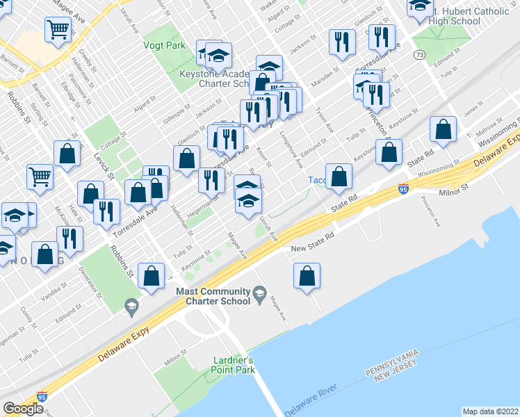 map of restaurants, bars, coffee shops, grocery stores, and more near 4911 Unruh Avenue in Philadelphia