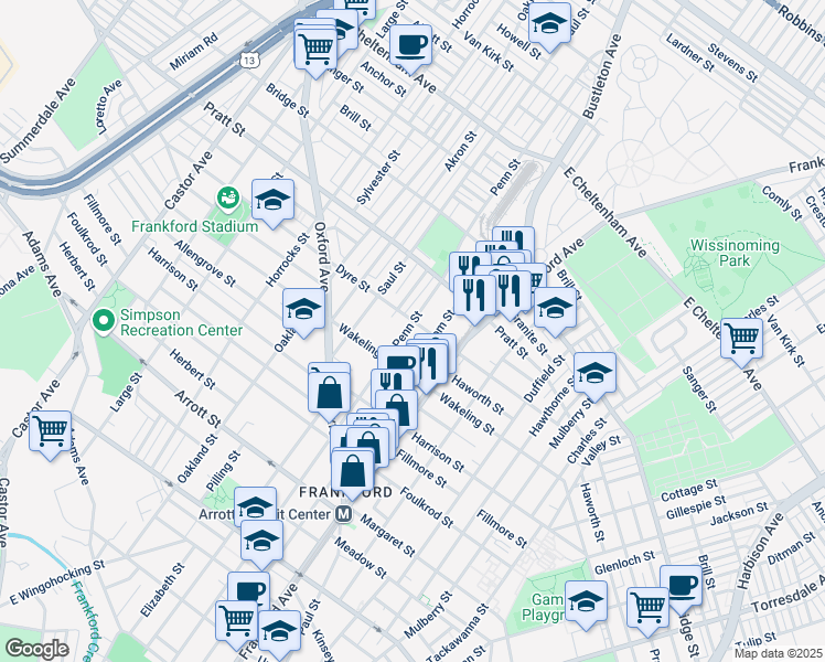 map of restaurants, bars, coffee shops, grocery stores, and more near 5029 Penn Street in Philadelphia