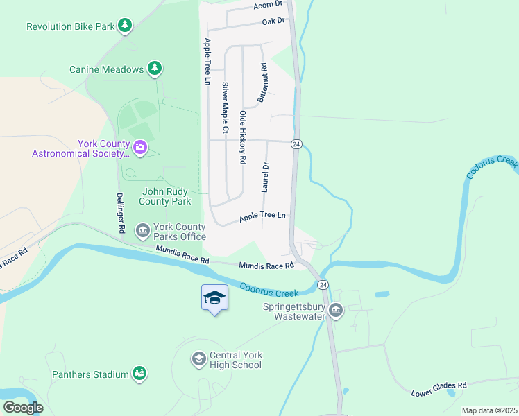 map of restaurants, bars, coffee shops, grocery stores, and more near 100 Laurel Drive in Mount Wolf