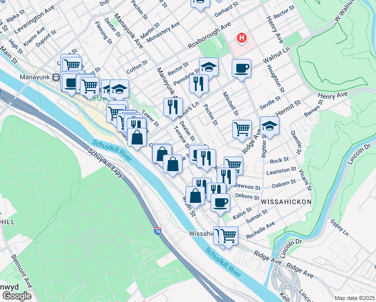 map of restaurants, bars, coffee shops, grocery stores, and more near 3920 Terrace Street in Philadelphia