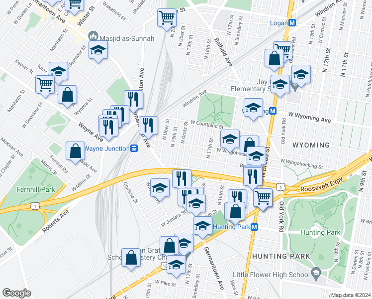map of restaurants, bars, coffee shops, grocery stores, and more near 4457 North Cleveland Street in Philadelphia