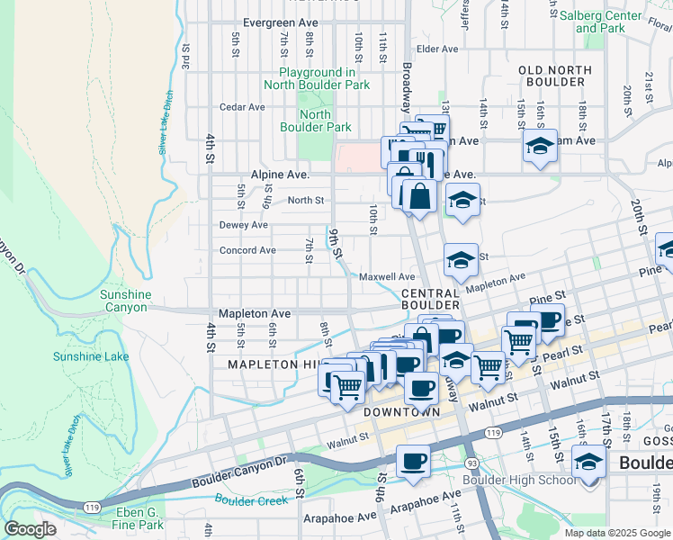 map of restaurants, bars, coffee shops, grocery stores, and more near 827 Maxwell Avenue in Boulder